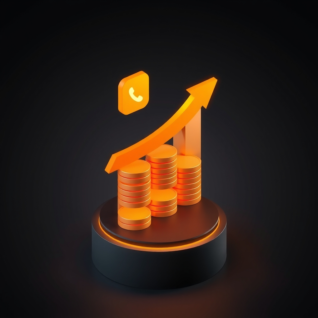 Rising chart of stacked gold coins with an upward arrow and a phone-call icon, on a pedestal
