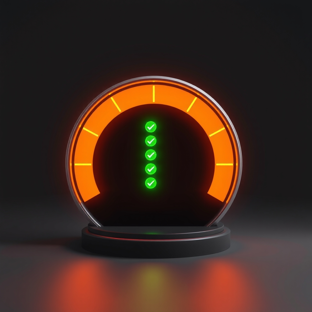 Isometric illustration of a glowing AI-visibility gauge reading 100 with a column of green checkmarks beside it