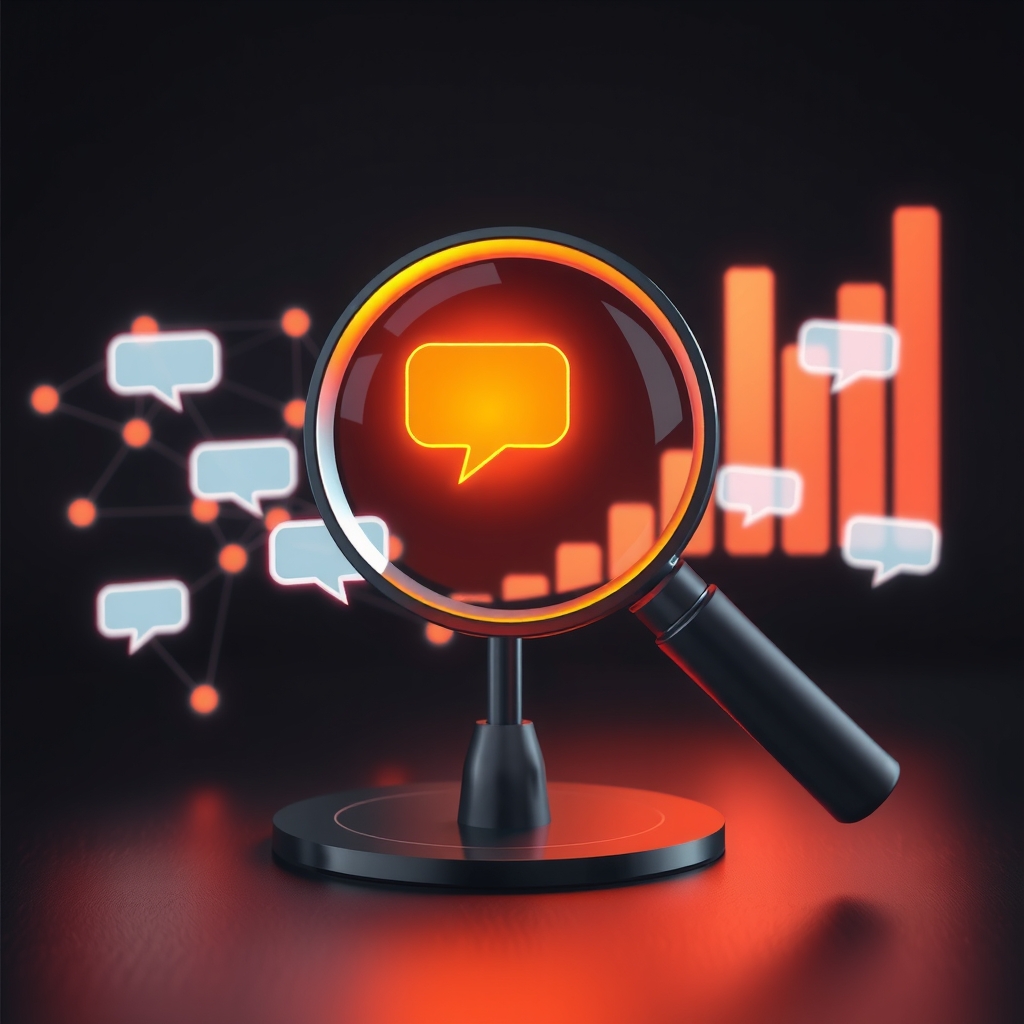 Magnifying glass scanning AI answer bubbles with one highlighted